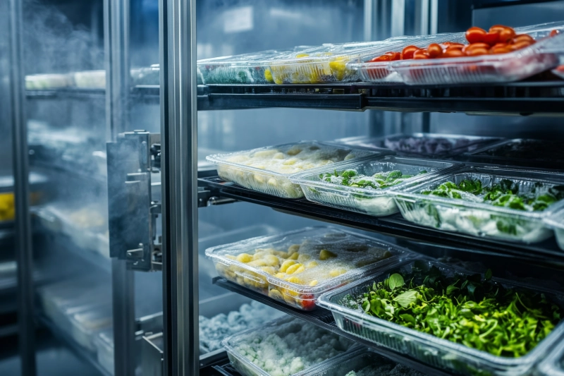 Verschiedene frische und gekühlte Lebensmittel in transparenten Plastikverpackungen, gestapelt in einem industriellen Kühlregal mit leichtem Nebel.