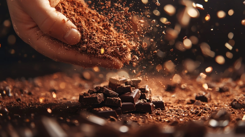 Eine Hand lässt fein geriebene Schokoladenraspeln auf einen Haufen Schokoladenstücke fallen, mit vielen Partikeln in der Luft.