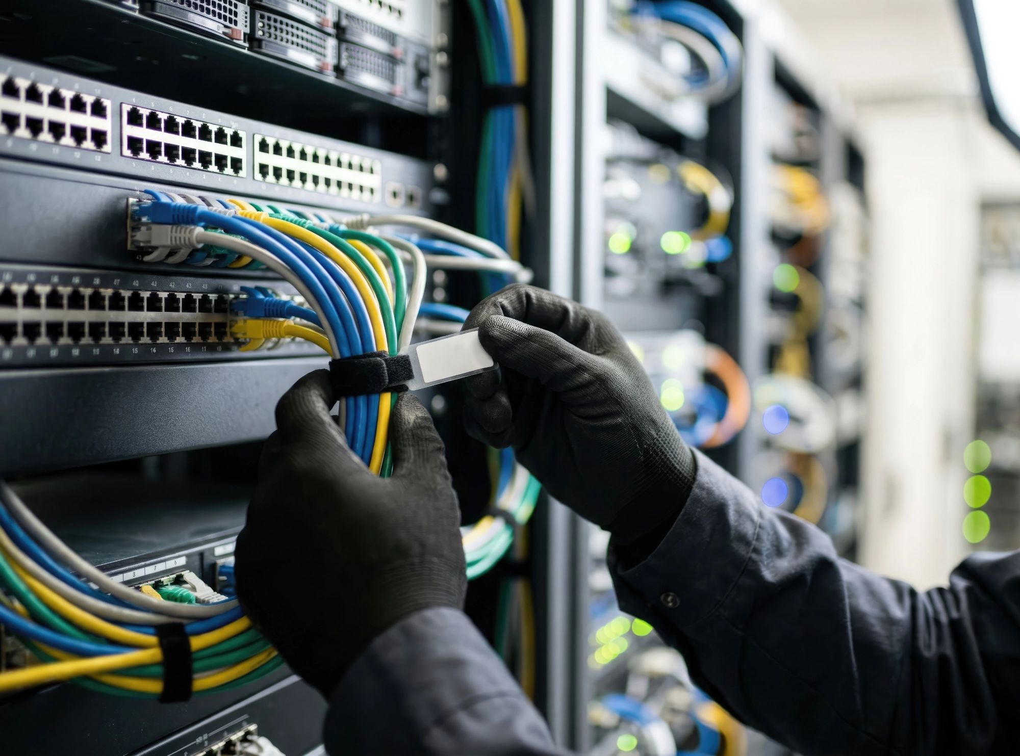 Eine Person b&uuml;ndelt Netzwerkkabel an einem Switch im Serverraum.