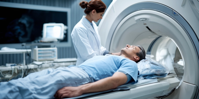 Moderne medizinische Diagnostik: Patient wird für eine MRT-Aufnahme in einem Krankenhaus vorbereitet.